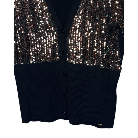Guess Sparkly Sweater Size XL Black Sequins Long Sleeve Button Up V-Neck Women - Picture 4 of 10